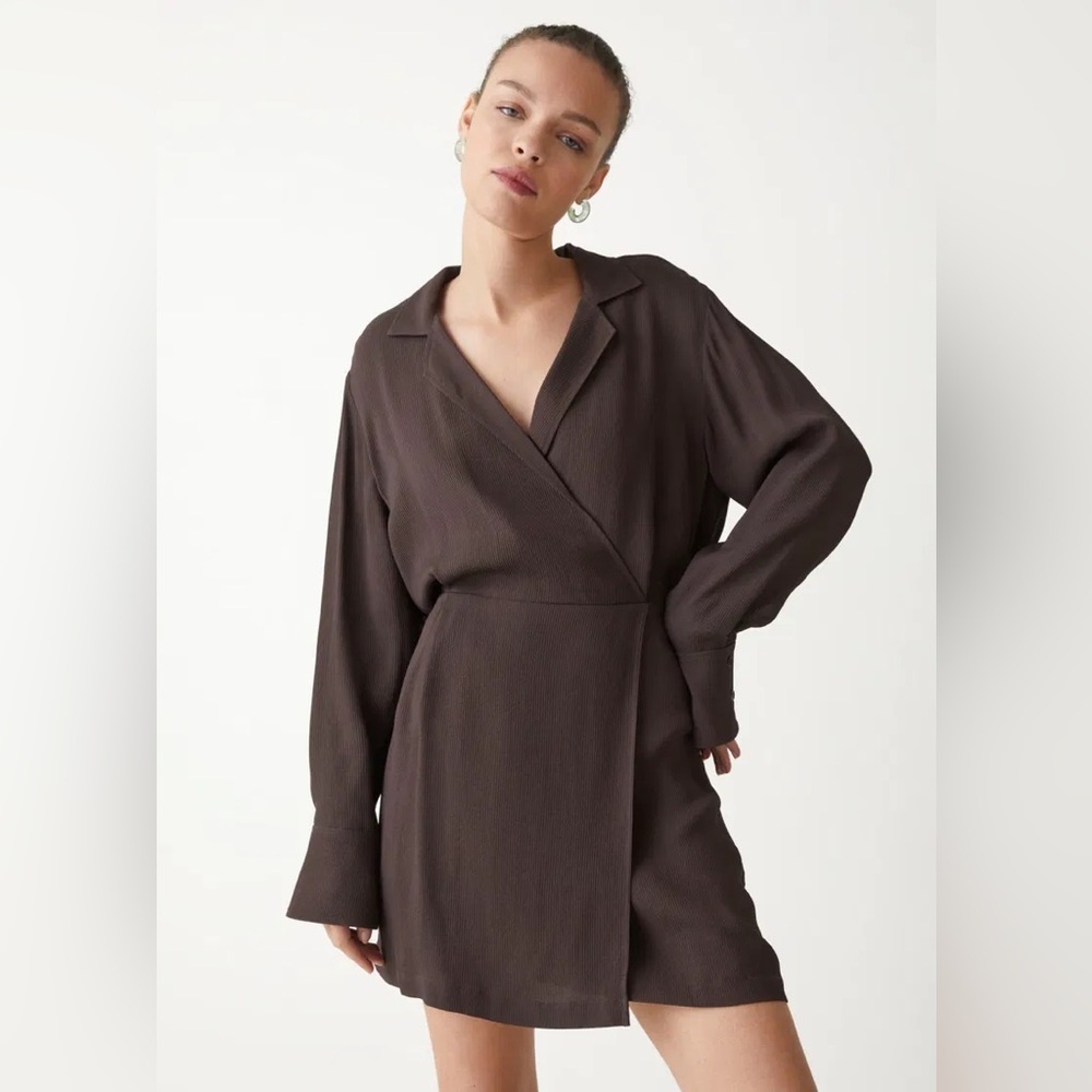 & Other Stories Collared Wrap Brown Long Sleeve Mini Dress Size 36 100% Viscose